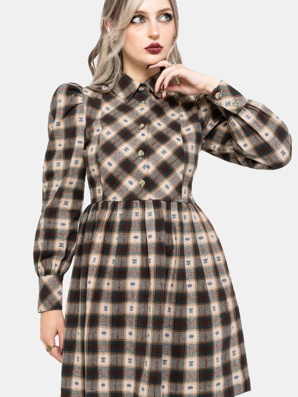 Disturbia Plaid Button-Up Long Sleeve Dress in Beige, Black and Blue - Picture 7 of 7